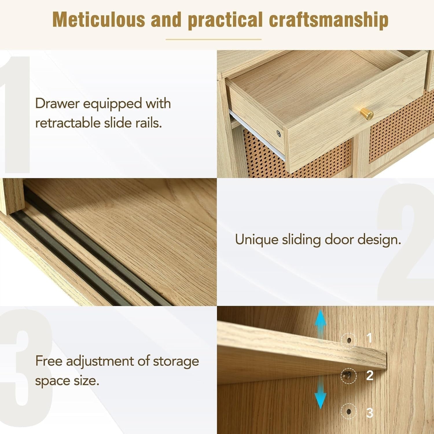 Modern Rattan Sideboard Storage Cabinet 3 Drawer 3 Door Oak Unit Hallway