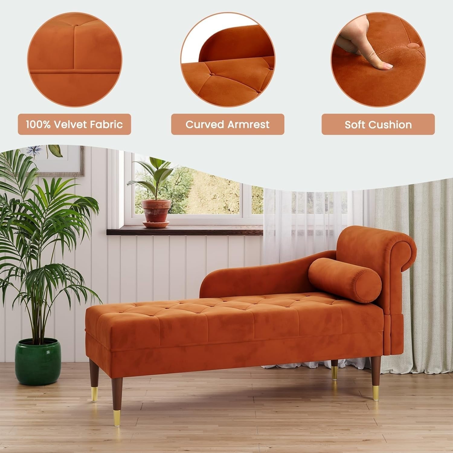 Luxury Orange Velvet Chaise Lounge Sofa Right Armrest – Space-Saving & Comfy