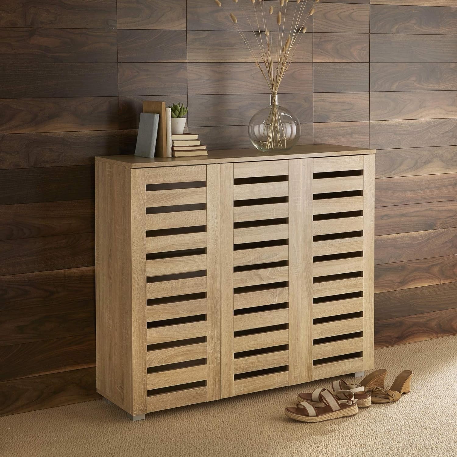 Wooden Shoe Storage Cabinet 3 Door Oak Effect Slatted Cupboard MDF