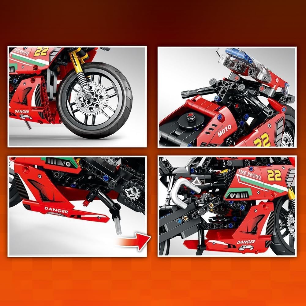 470PCS Motorcycle Building Blocks Kit with Moving Chain & Display Stand Gift Toy