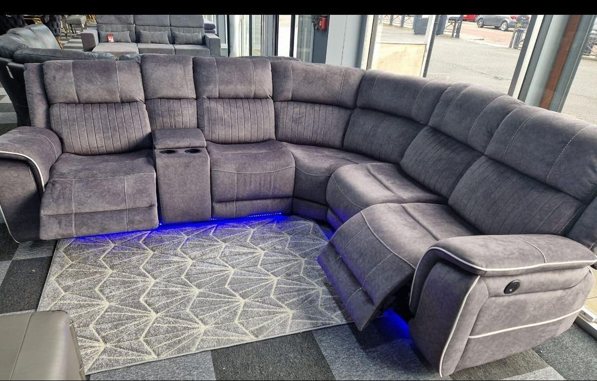 Electric Recliner Corner Sofa with LED Lights & Cup Holder – Grey L-Shape
