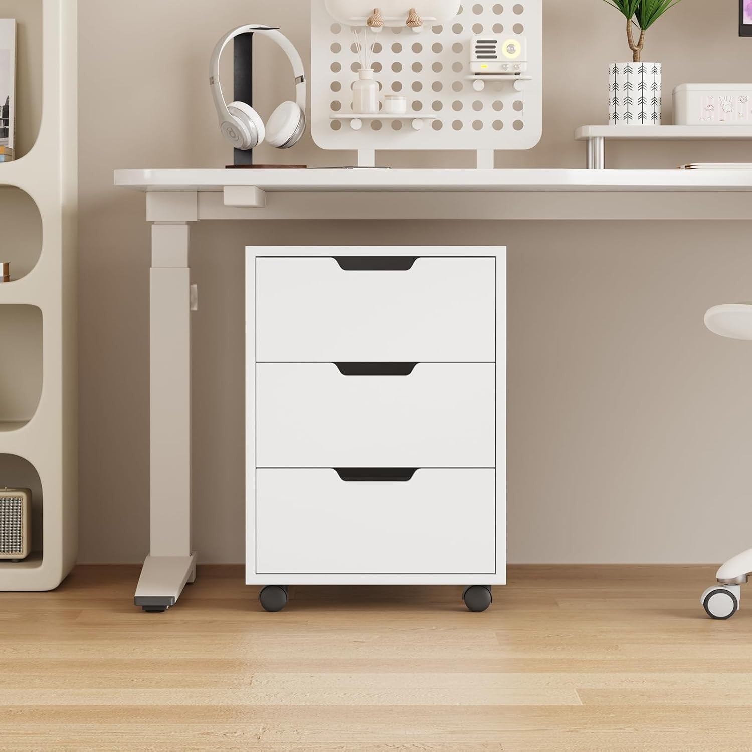 White Rolling Desk Pedestal 3 Drawer Under Desk Printer Storage