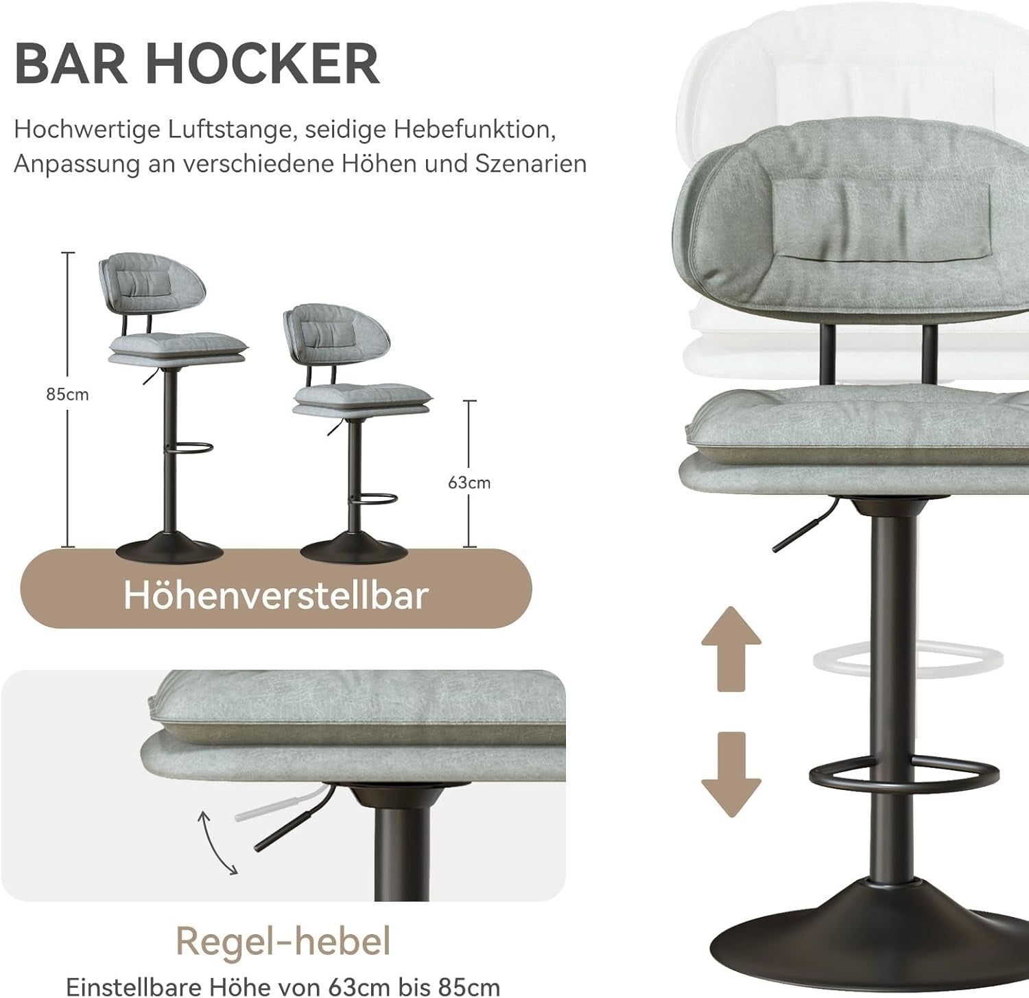 Adjustable Swivel Bar Stools Set of 2 | Grey Fabric Counter Height