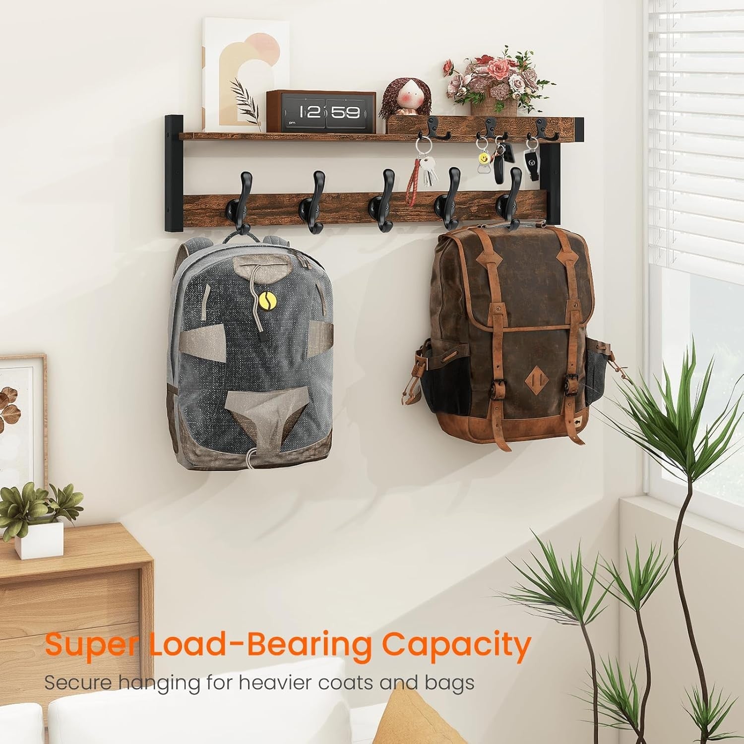 Rustic Wall Coat Rack 29" Wood Shelf with Hooks & Key Holder Entryway Organizer