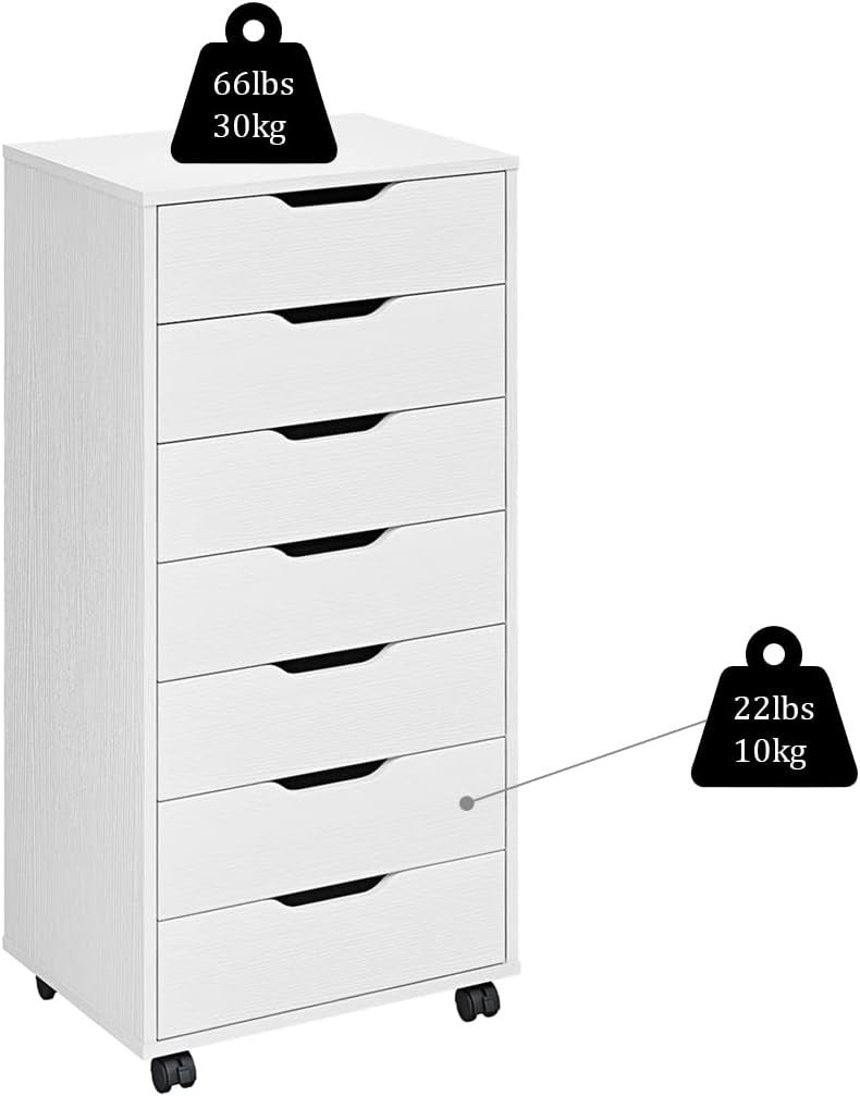 7 Drawer Mobile Filing Cabinet with Wheels Office Storage Chest White