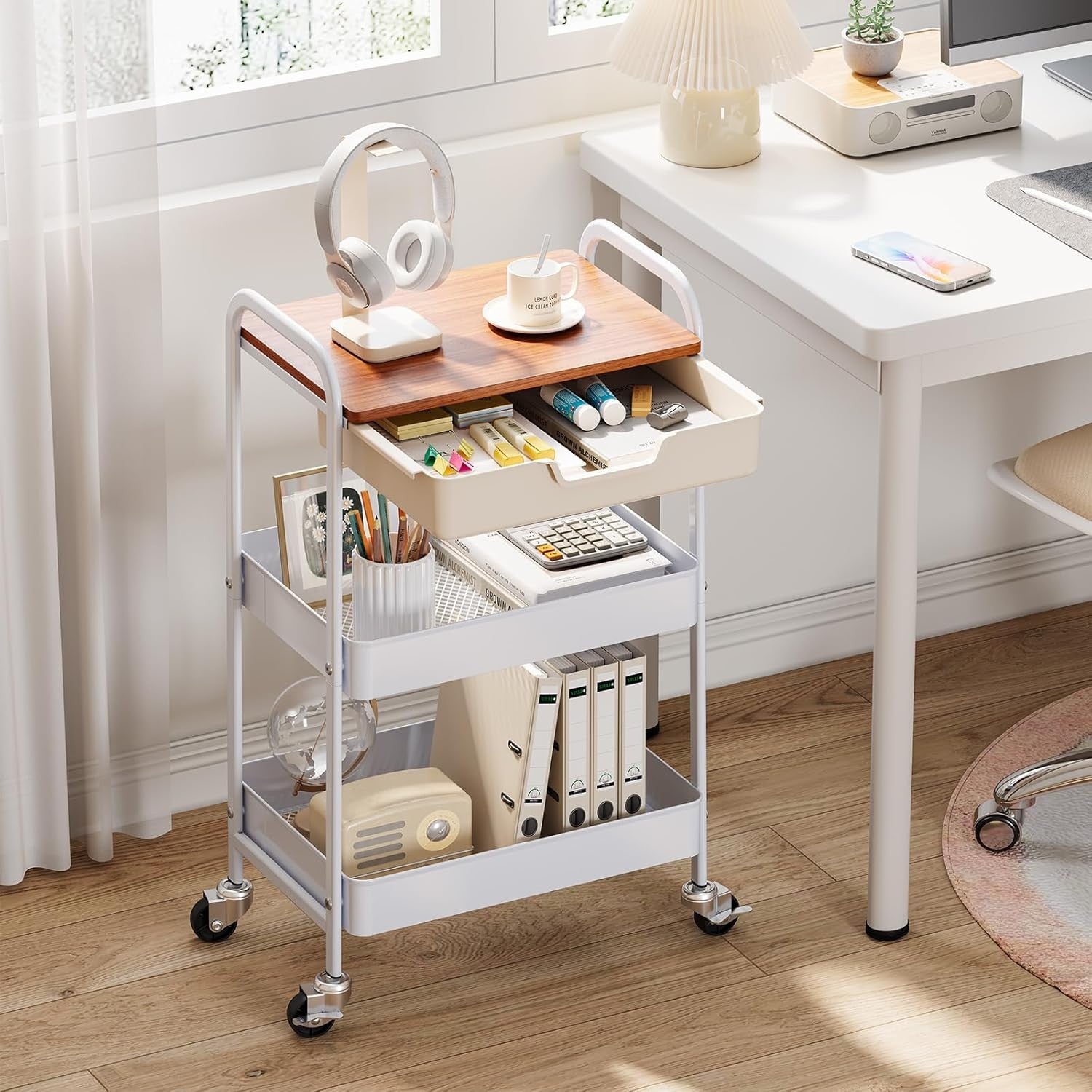 3 Tier Storage Trolley on Wheels with Drawer Wooden Top Kitchen