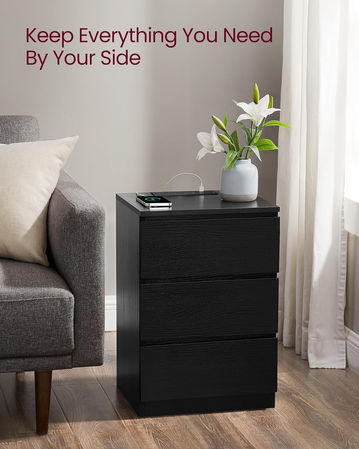 Black Bedside Table with Charging Station, 3 Drawers, USB & AC Ports, Modern