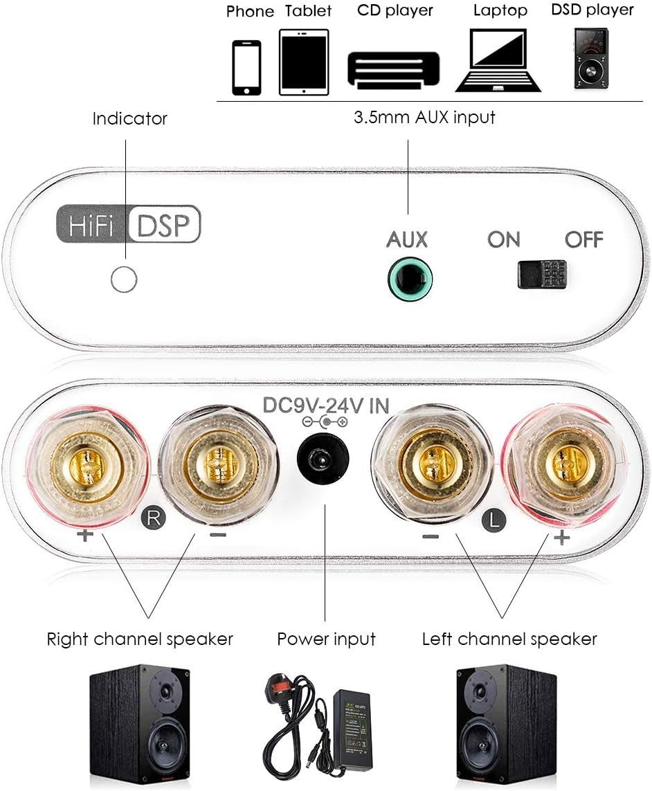 100W Bluetooth 5.0 Stereo Amplifier HiFi DSP 2 Channel 24V