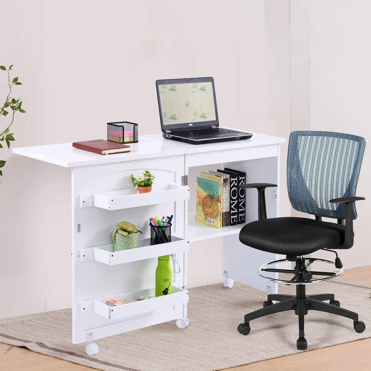 Folding Sewing Table 117cm Mobile Craft Desk with Wheels & Storage White
