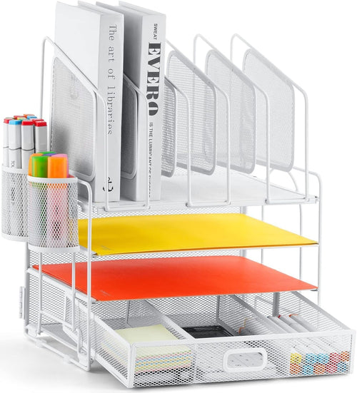 4-Tier Desk Organizer Tray with Drawer, 5 Vertical File and Pen Holders