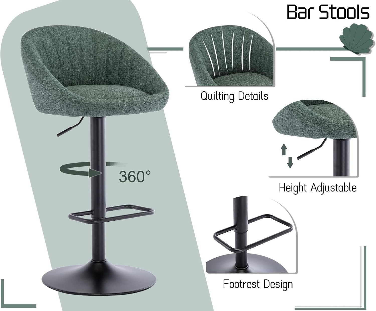 Bar Stools Set of 2 | Green L-Shaped Adjustable Counter Chairs