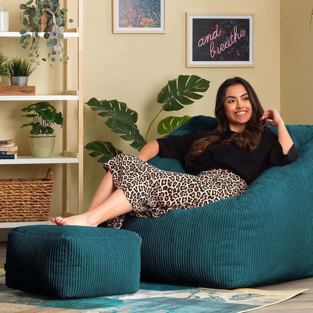 Teal Cord Bean Bag Chair with Footstool Lounge Armchair Seat Filled