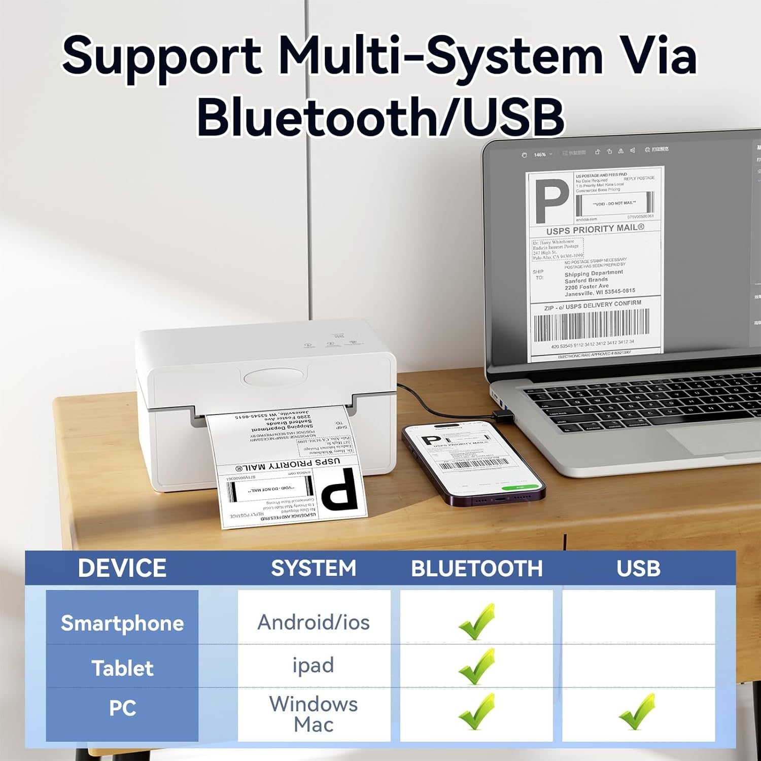 Bluetooth 4×6 Thermal Shipping Label Printer USB Wireless 203 DPI