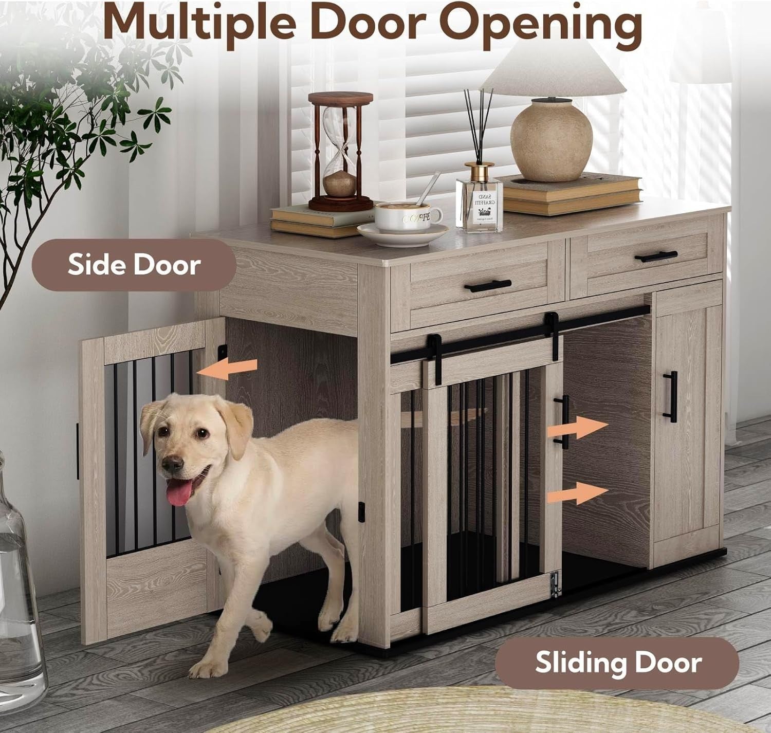 Large Indoor Wooden Dog Crate with Dual Sliding Doors, Storage & Lock
