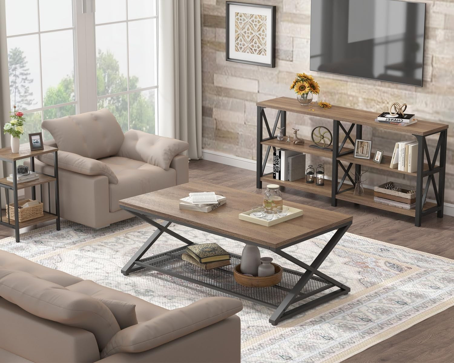Rustic Oak Coffee Table with Storage Shelf | Industrial 2-Tier Rectangular Table