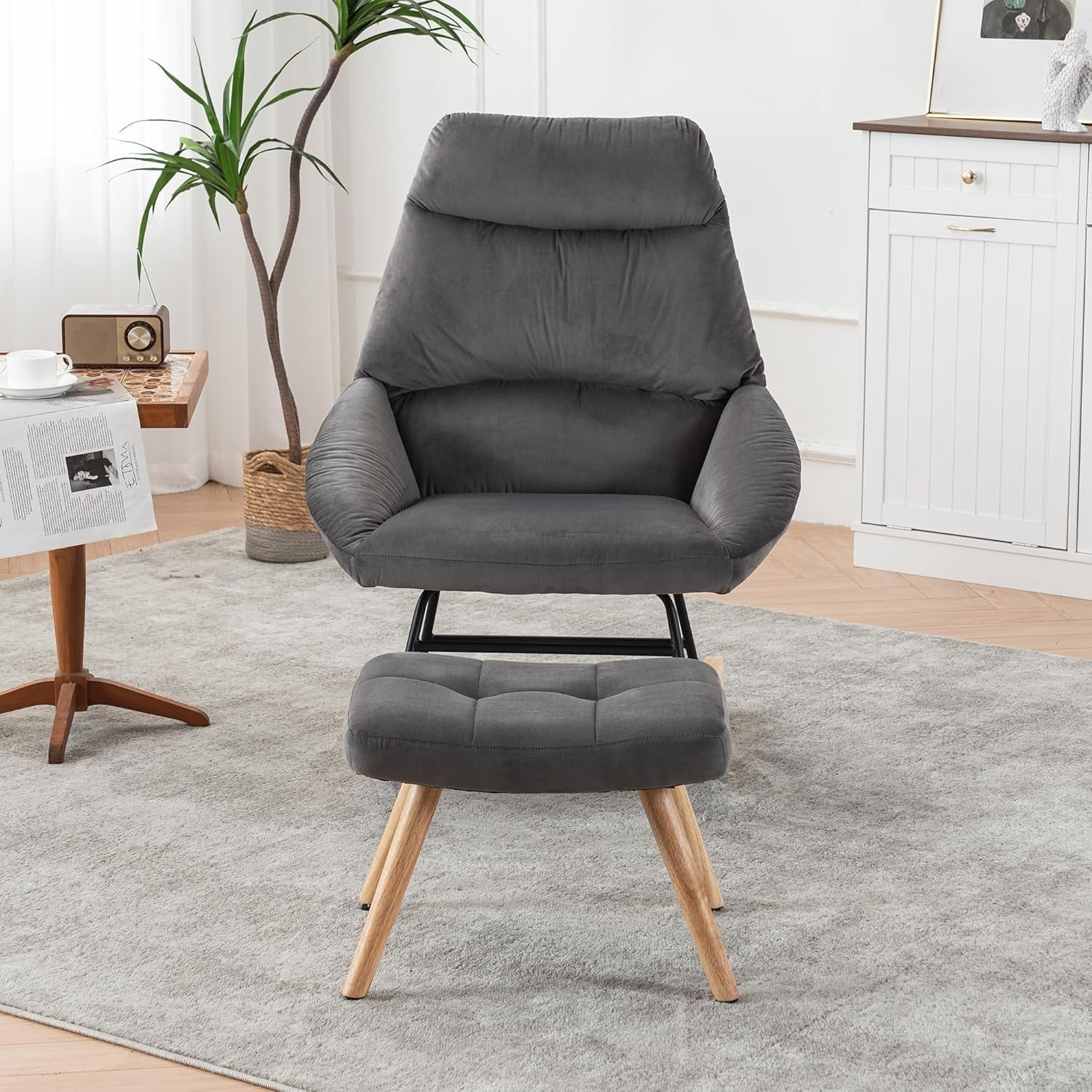Rocking Chair with Footstool & Neck Pillow, Ergonomic Recliner for Nursery & Liv