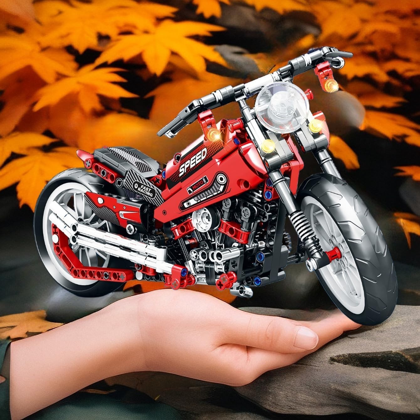 Motorcycle Building Blocks Kit with Moving Pistons & Display Stand 32cm