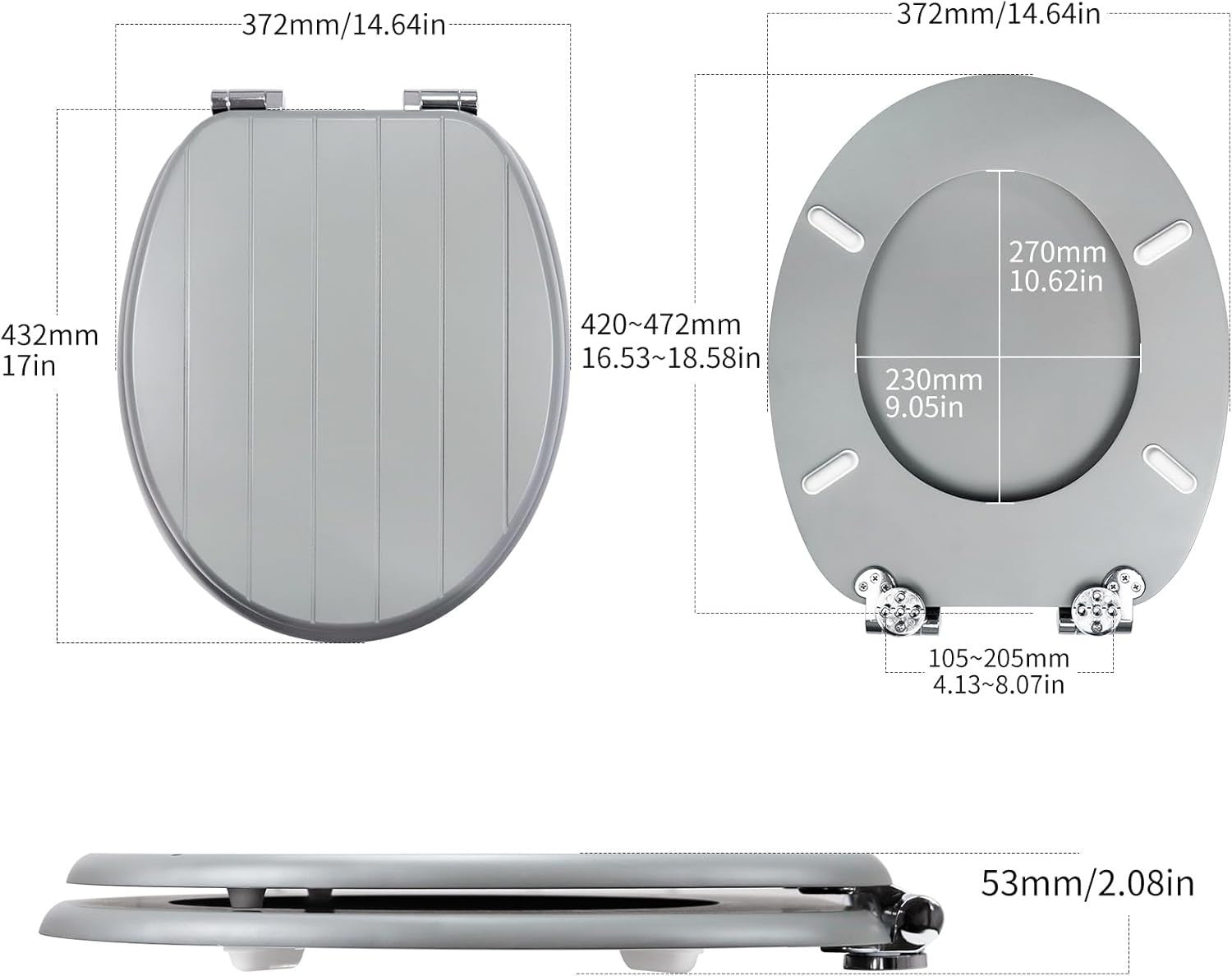 Gray Wooden Toilet Seat MDF Soft Close Adjustable Hinges 43.5x37.5cm