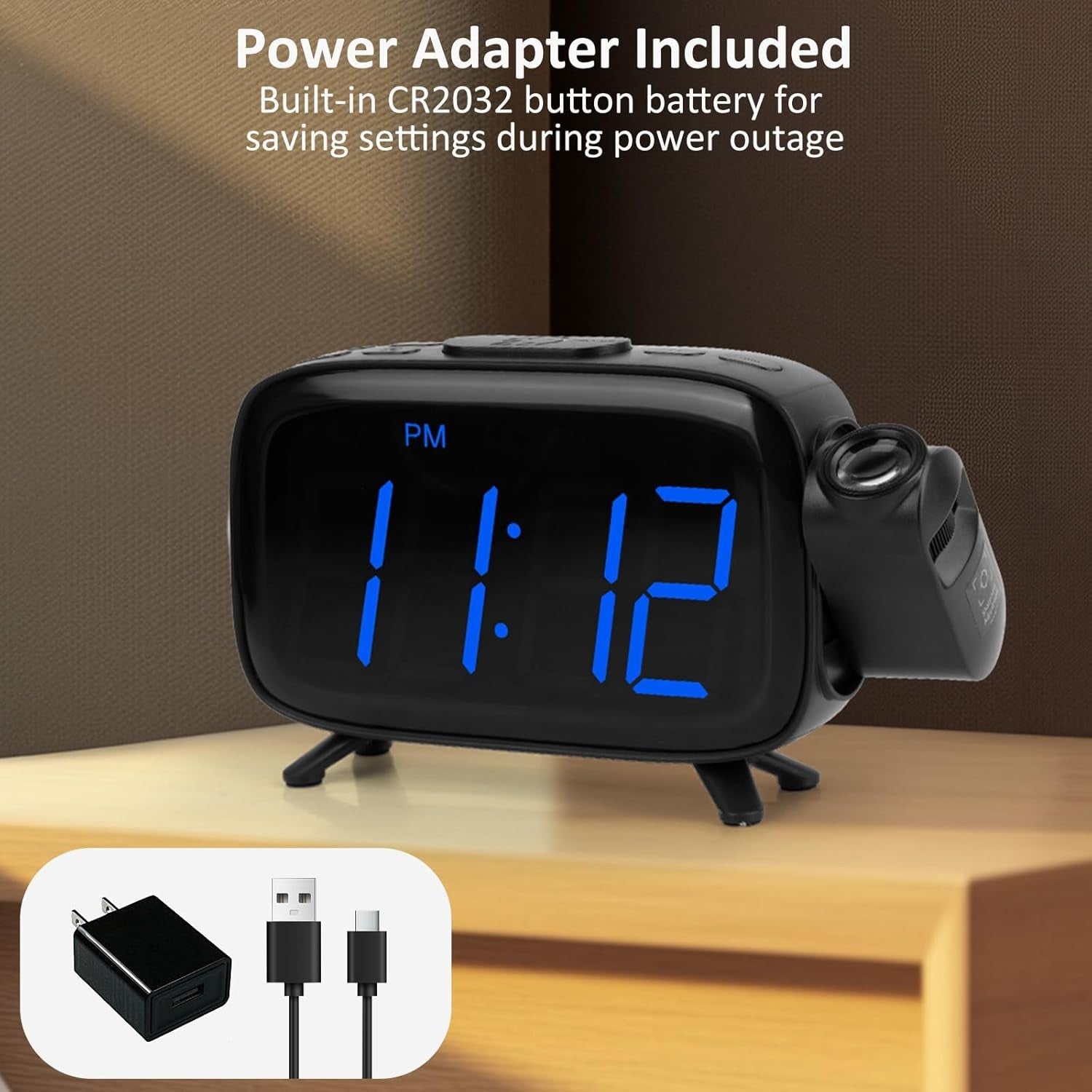 Projection Alarm Clock Large LED USB Charger Dual Alarm Snooze Dimmer