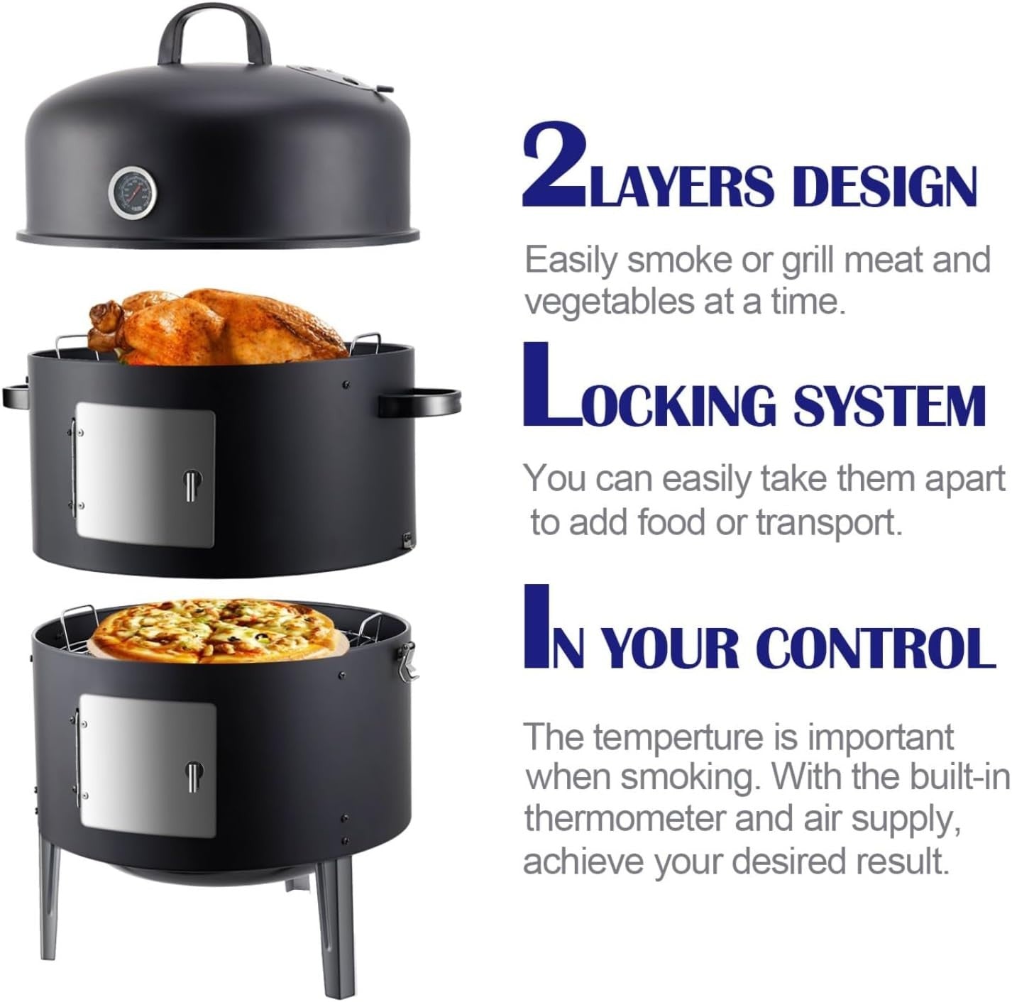 3-in-1 Charcoal BBQ Smoker Grill | Heavy Duty Outdoor Drum | Adjustable Air Vent