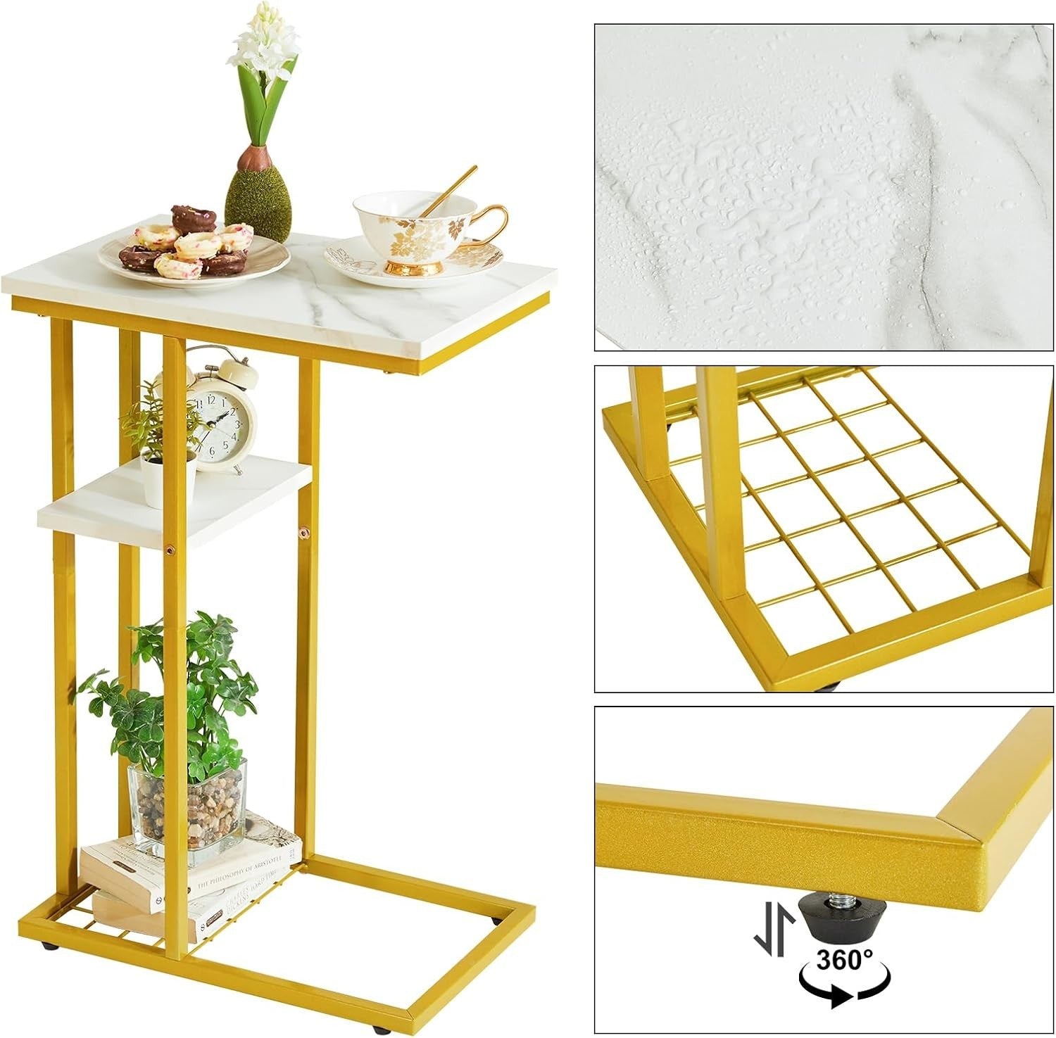 C-Shaped Side Table Marble Pattern White & Gold – Compact, Sturdy, Easy Access