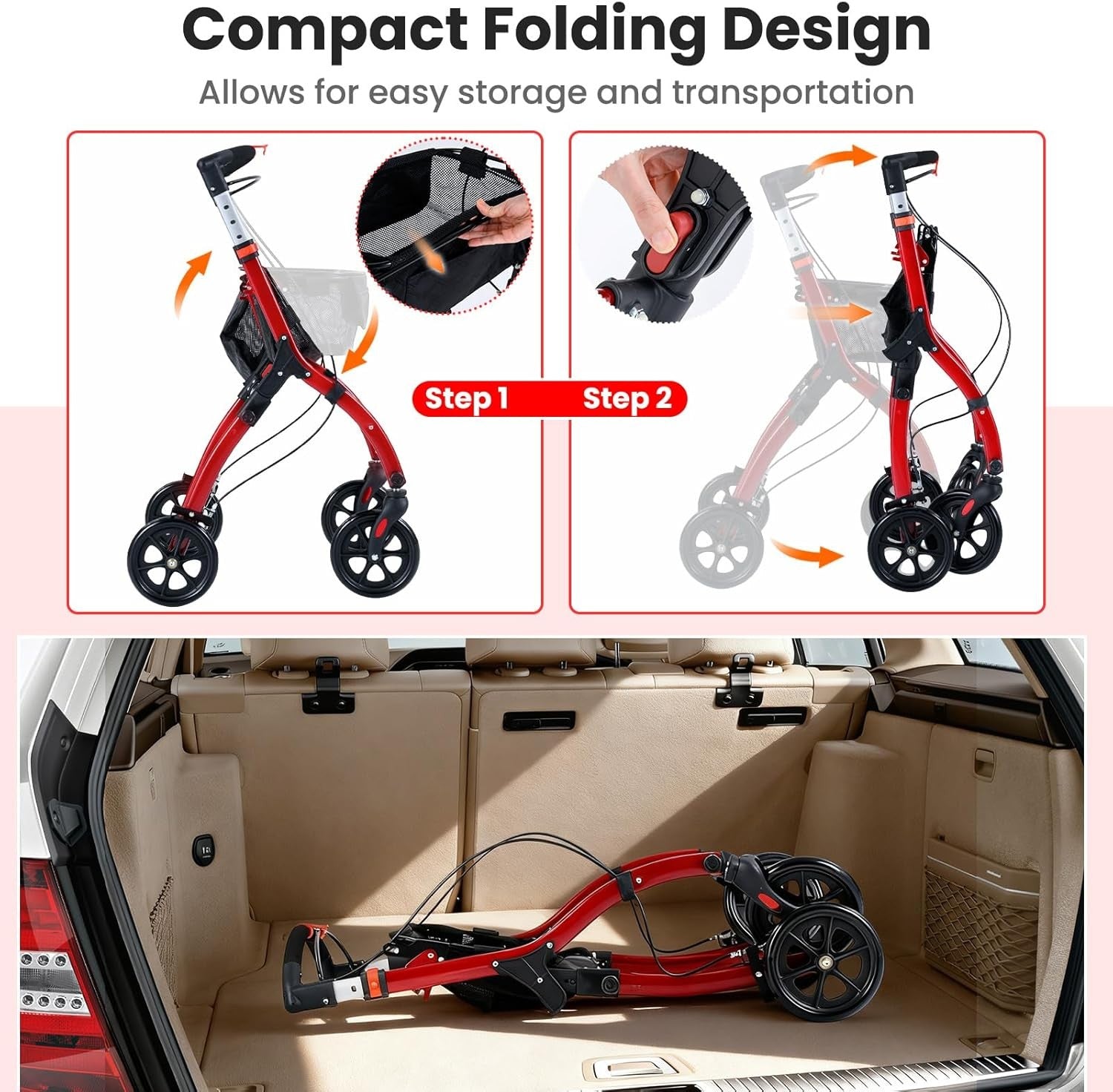 Lightweight 4 Wheel Rollator Walker Folding Mobility Aid Basket & Brakes