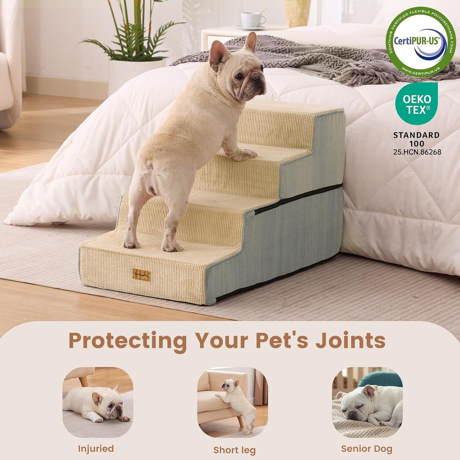 4-Step Extra Wide Dog Stairs for Bed Foam Ramp Non-Slip Beige 47cm H