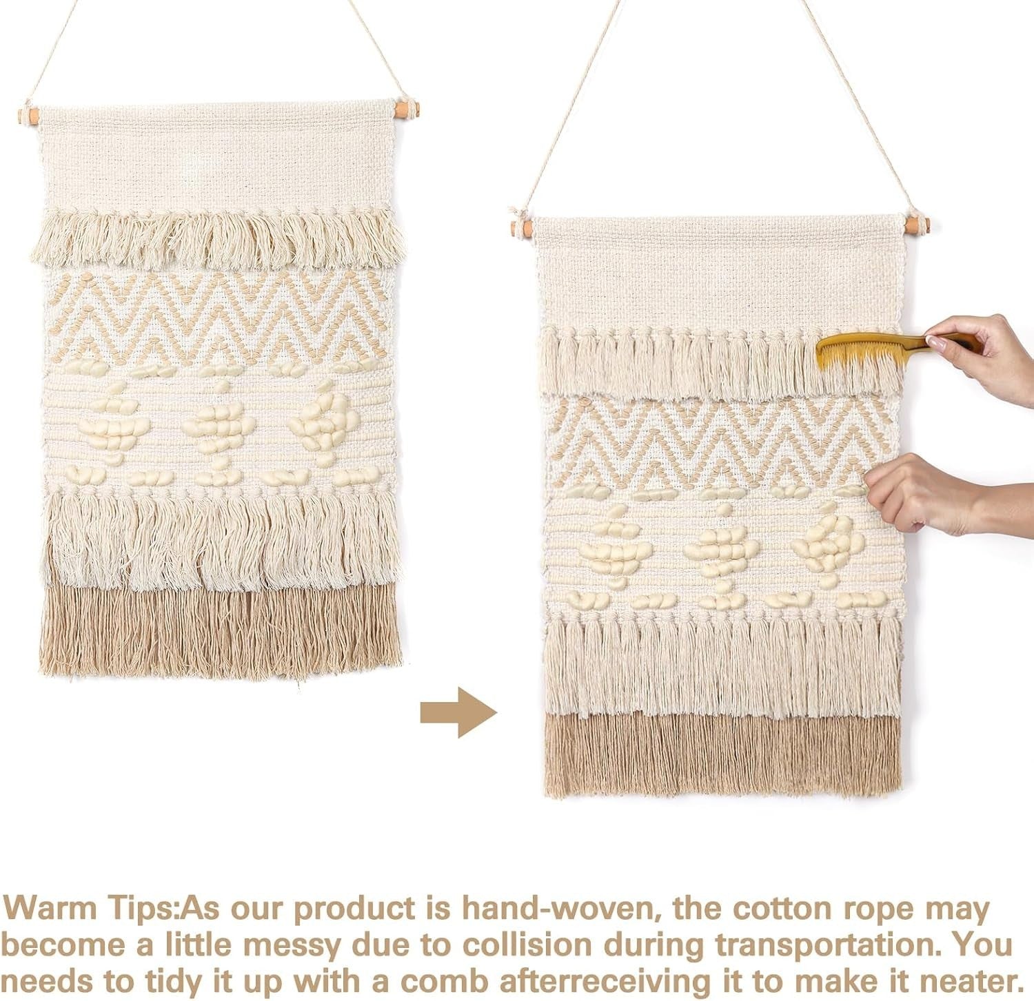 Boho Macrame Wall Hanging Beige Geometric Wave Wool Ball Tapestry