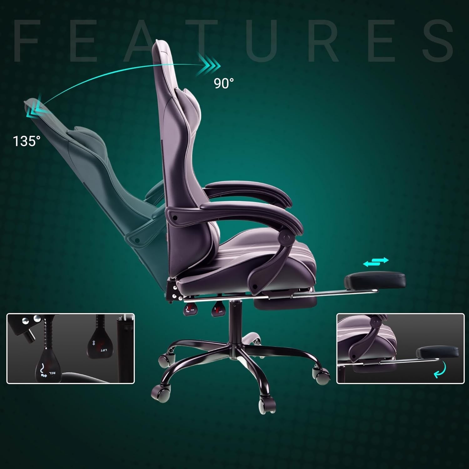 Ergonomic Gaming Chair with Footrest & Lumbar Support – Grey PC Seat