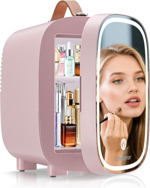 Portable 4L Mini Fridge Cooler Warmer with LED Makeup Mirror Pink