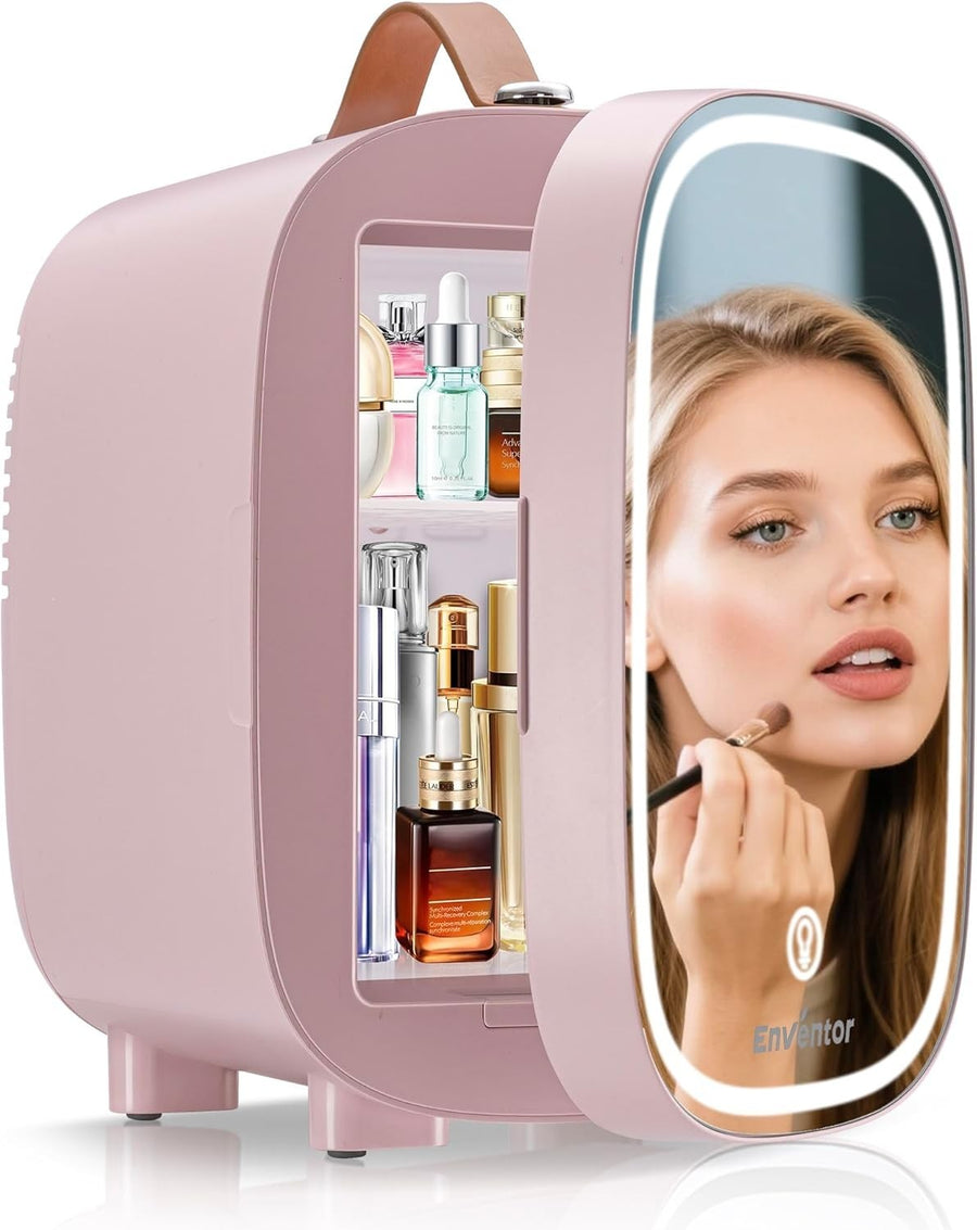 Portable 4L Mini Fridge Cooler Warmer with LED Makeup Mirror Pink