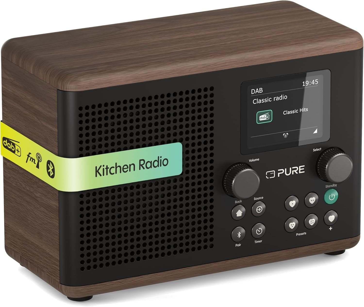 Digital Kitchen Radio DAB+ FM Bluetooth USB AUX Timer Alarm Black/Walnut