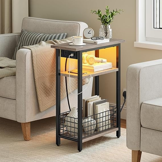 Slim LED Side Table with Charging Station, USB Port, Storage Shelf, Narrow Night