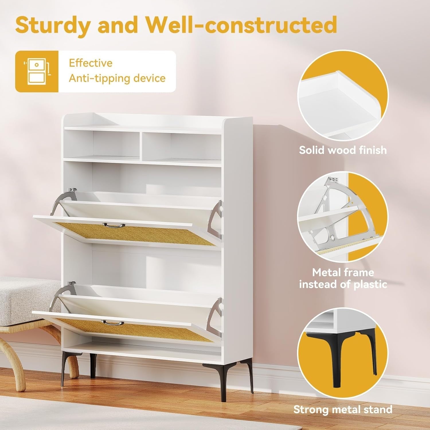 Slim Rattan White Shoe Cabinet with Flip Drawers & Open Shelves 80x24x114cm