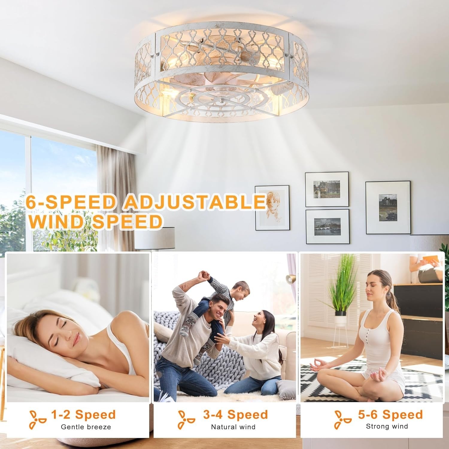 50cm Industrial Ceiling Fan Light, White Caged, 4 Lights, Remote Control