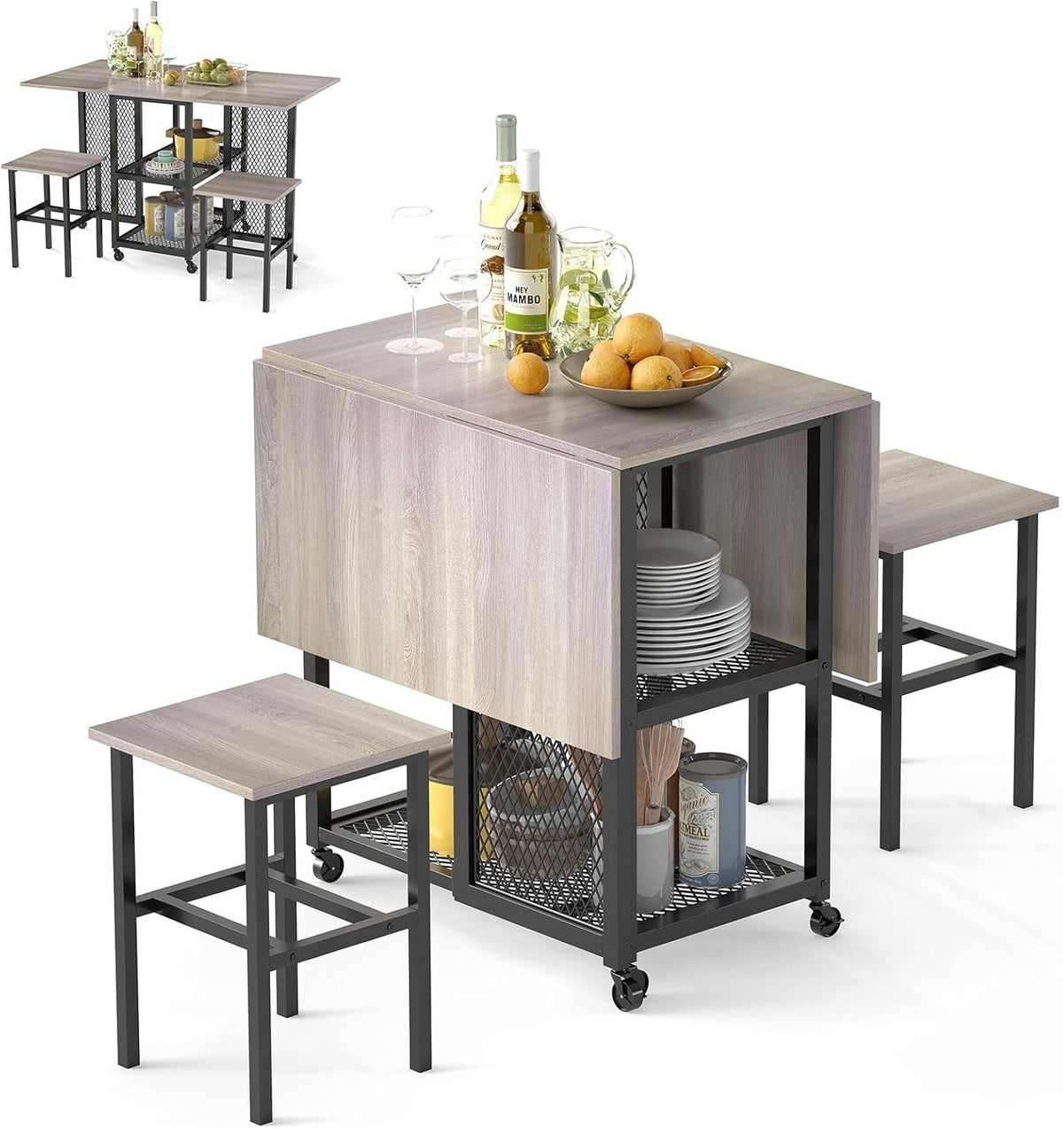 Compact Folding Dining Table Set with Stools & Storage Shelves 120cm