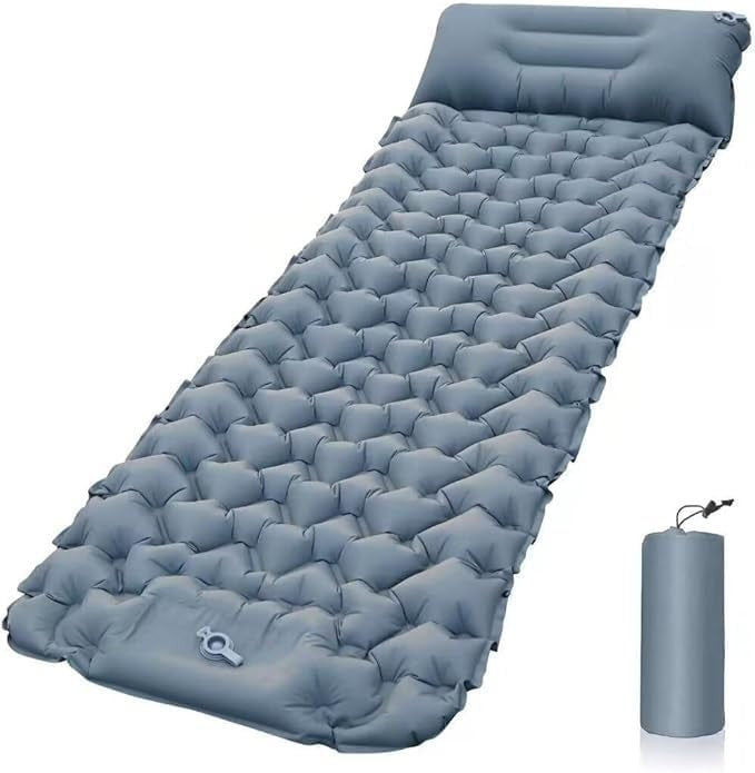 Grey Inflatable Camping Sleeping Pad – Foot-Pump, Portable, 190x120x5cm