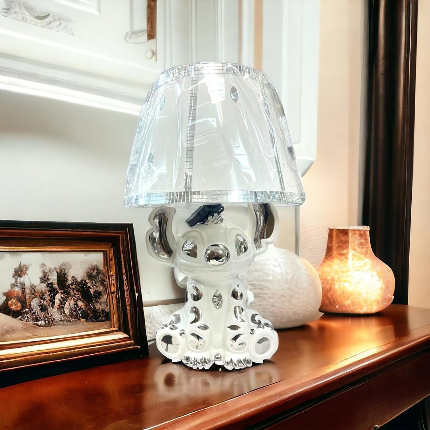 Crushed Diamond Table Lamp 50cm Ceramic Base Silver Shade Bedside Light