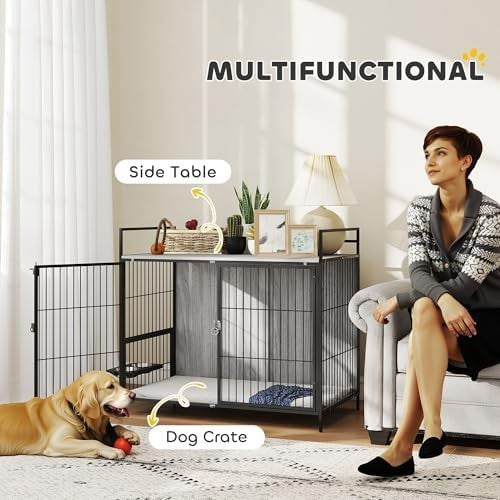 Dog Crate Furniture with Feeding Bowls & Storage, Lockable Doors, Grey