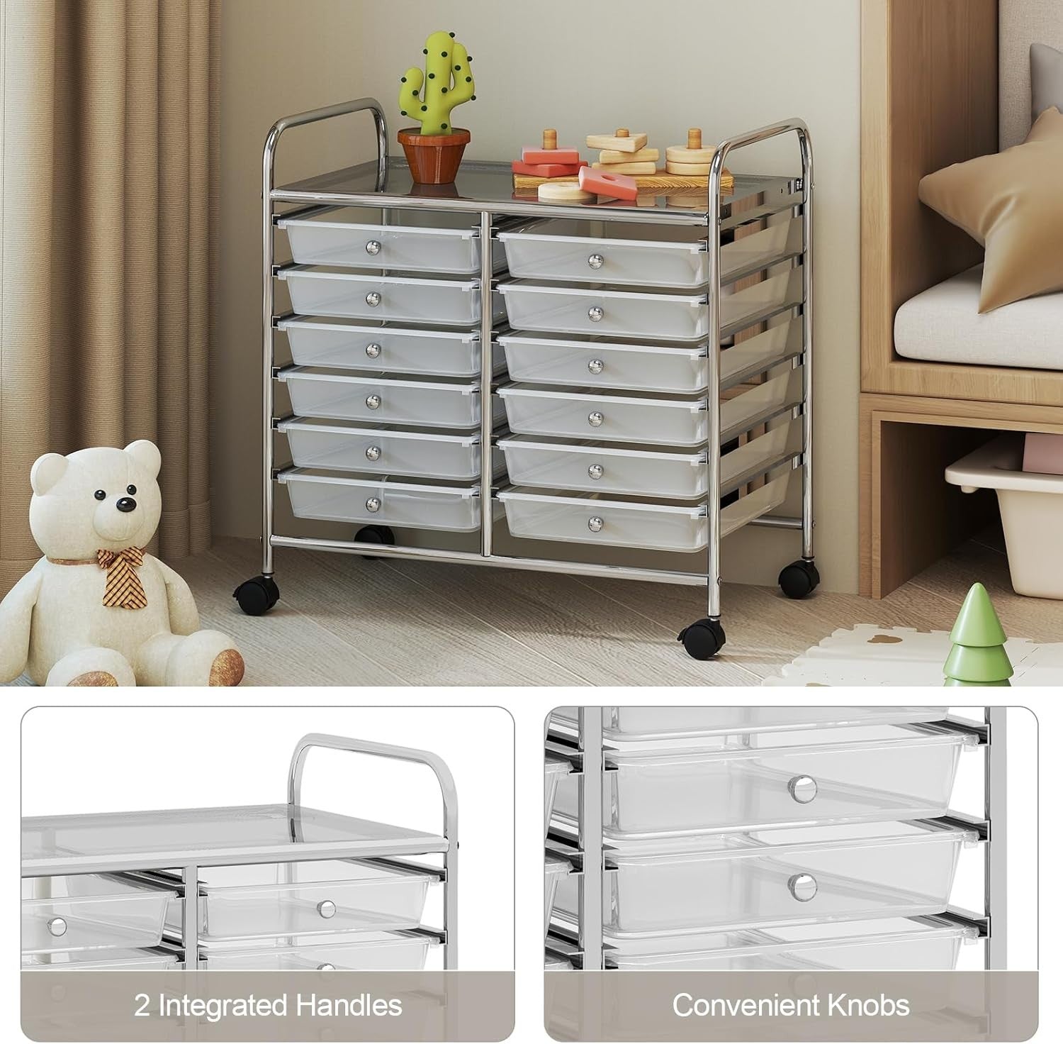 12 Drawer Rolling Storage Cart Clear Utility Trolley Lockable Wheels