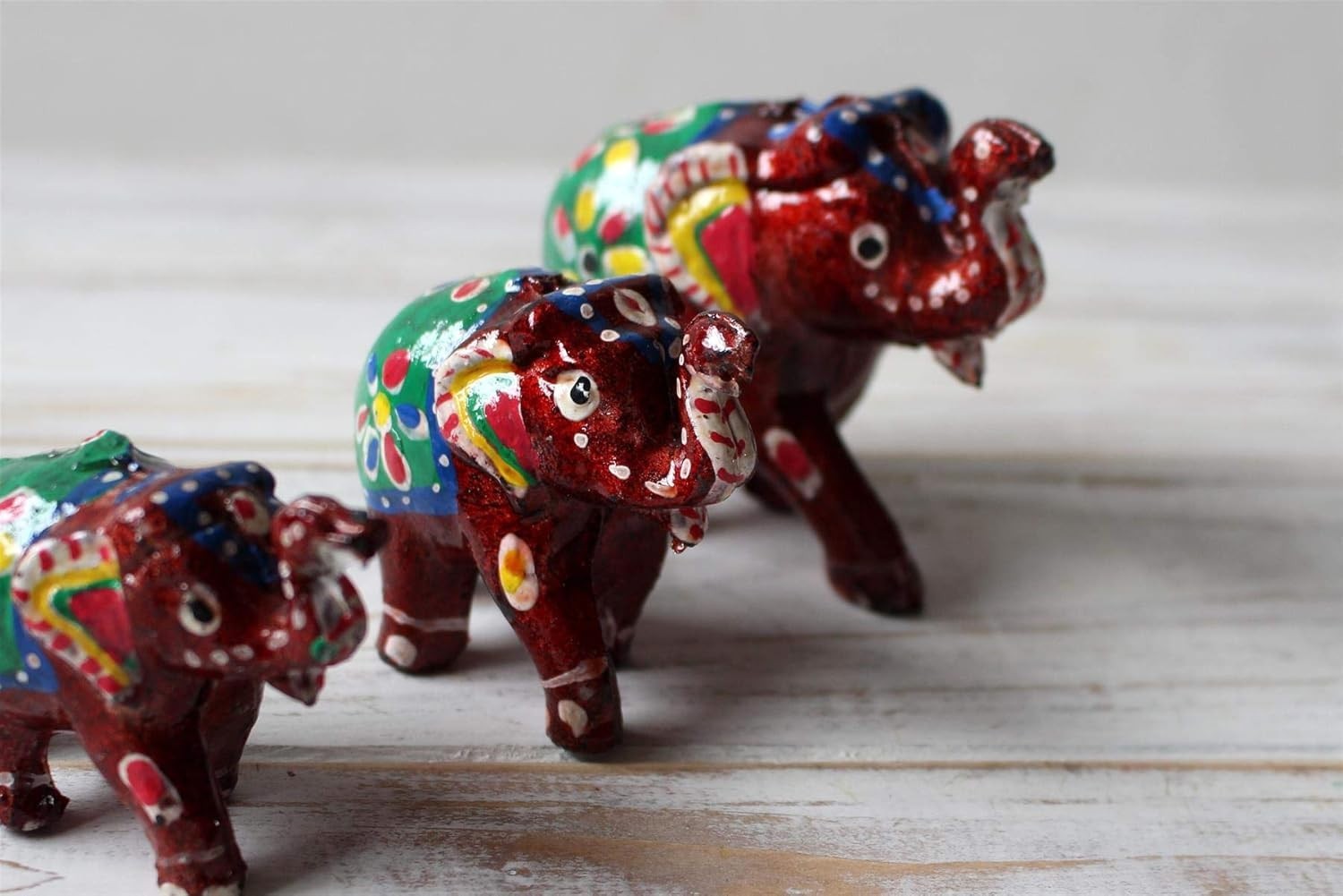 Hand Painted Elephant Ornaments Set of 3 | Colourful Decor Figurines