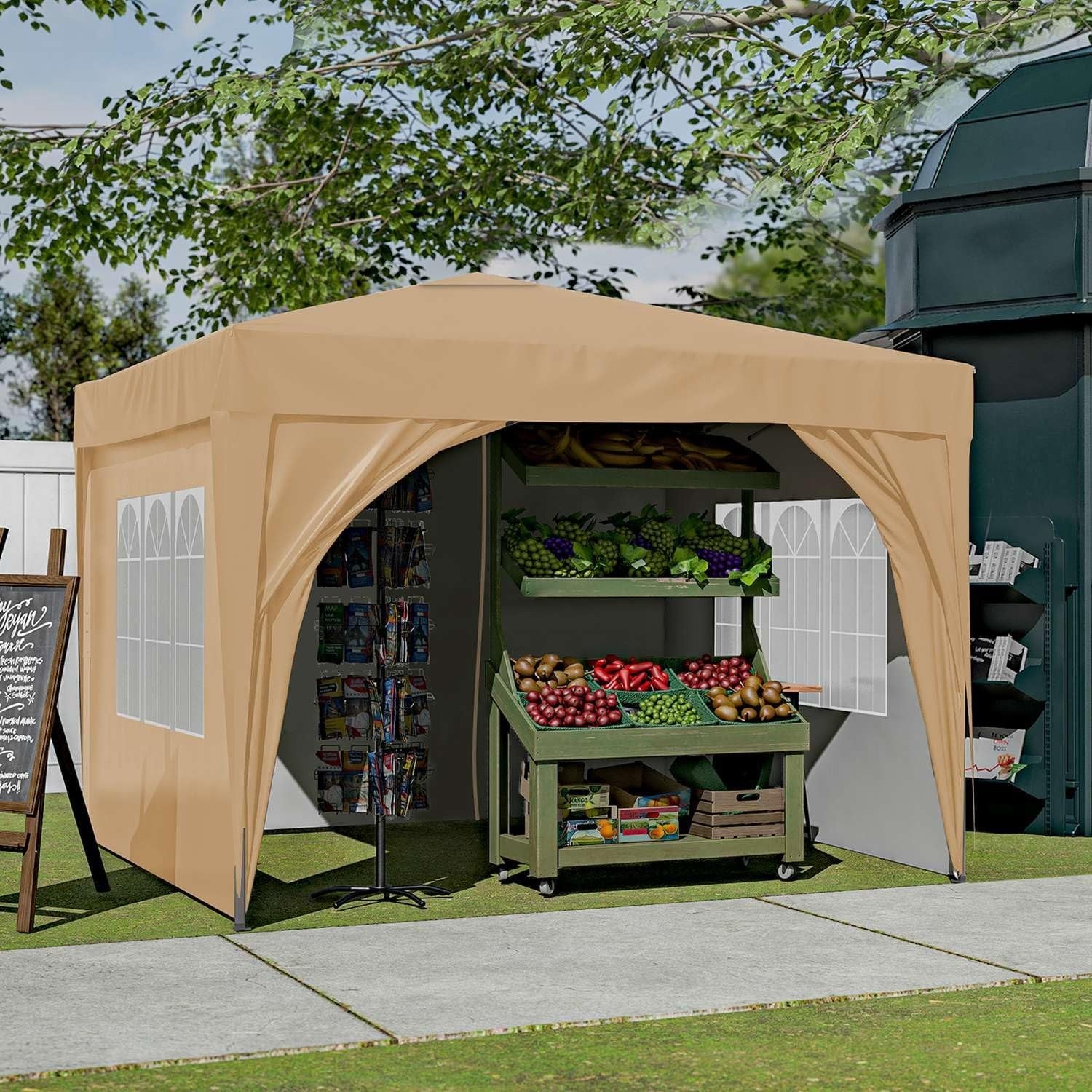 3x3M Beige Pop Up Gazebo With Sides Waterproof Garden Party Tent Steel Frame