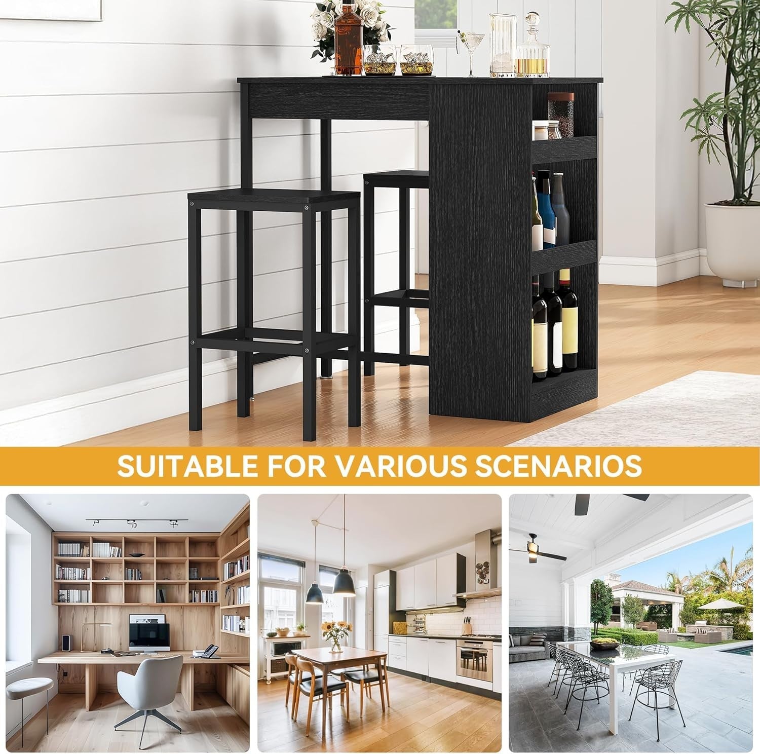 Black Bar Table Set with 2 Stools Industrial Wood Top Storage Shelves Furniture
