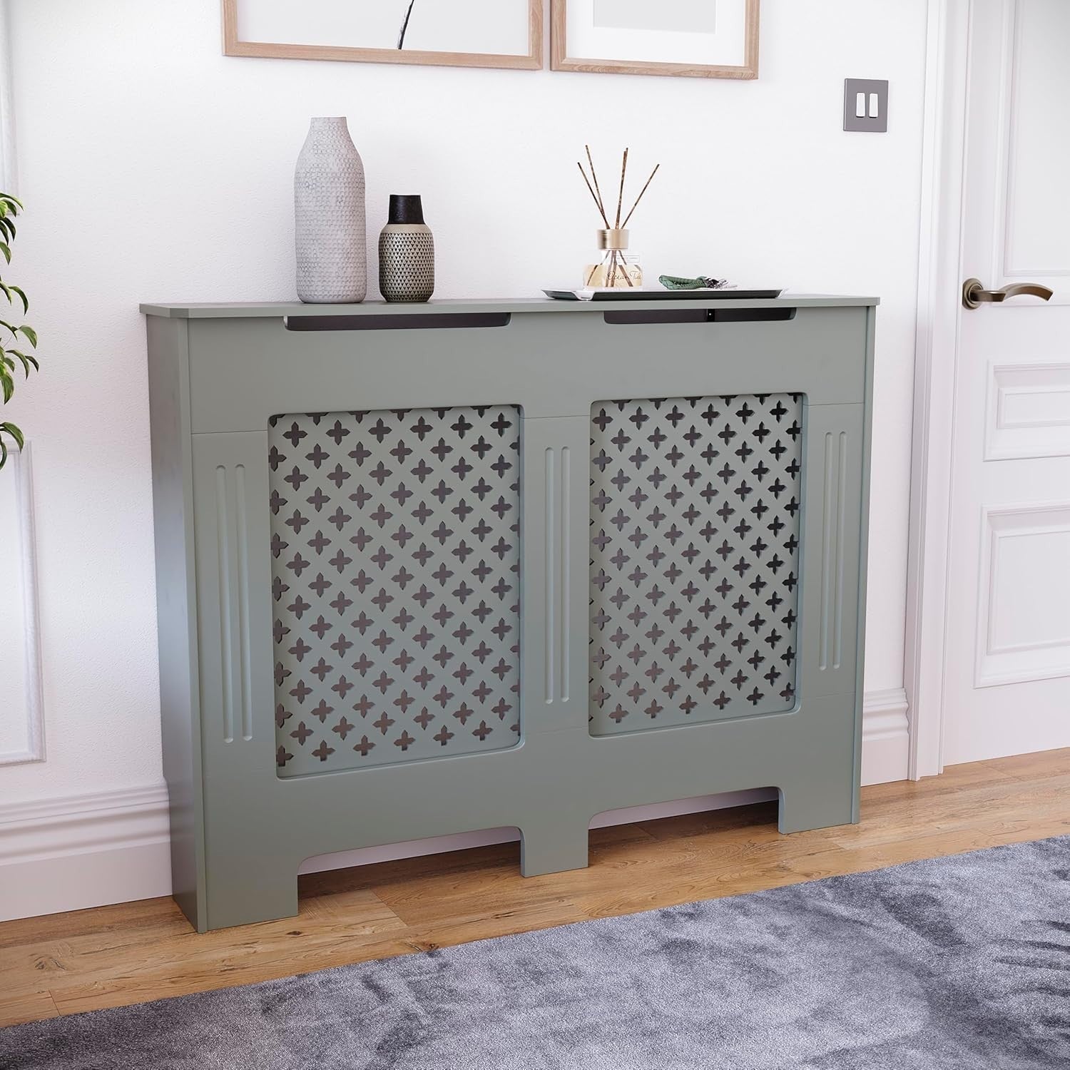 Medium Olive Grey Radiator Cover 82x111x19cm MDF Cross Pattern Modern Cabinet