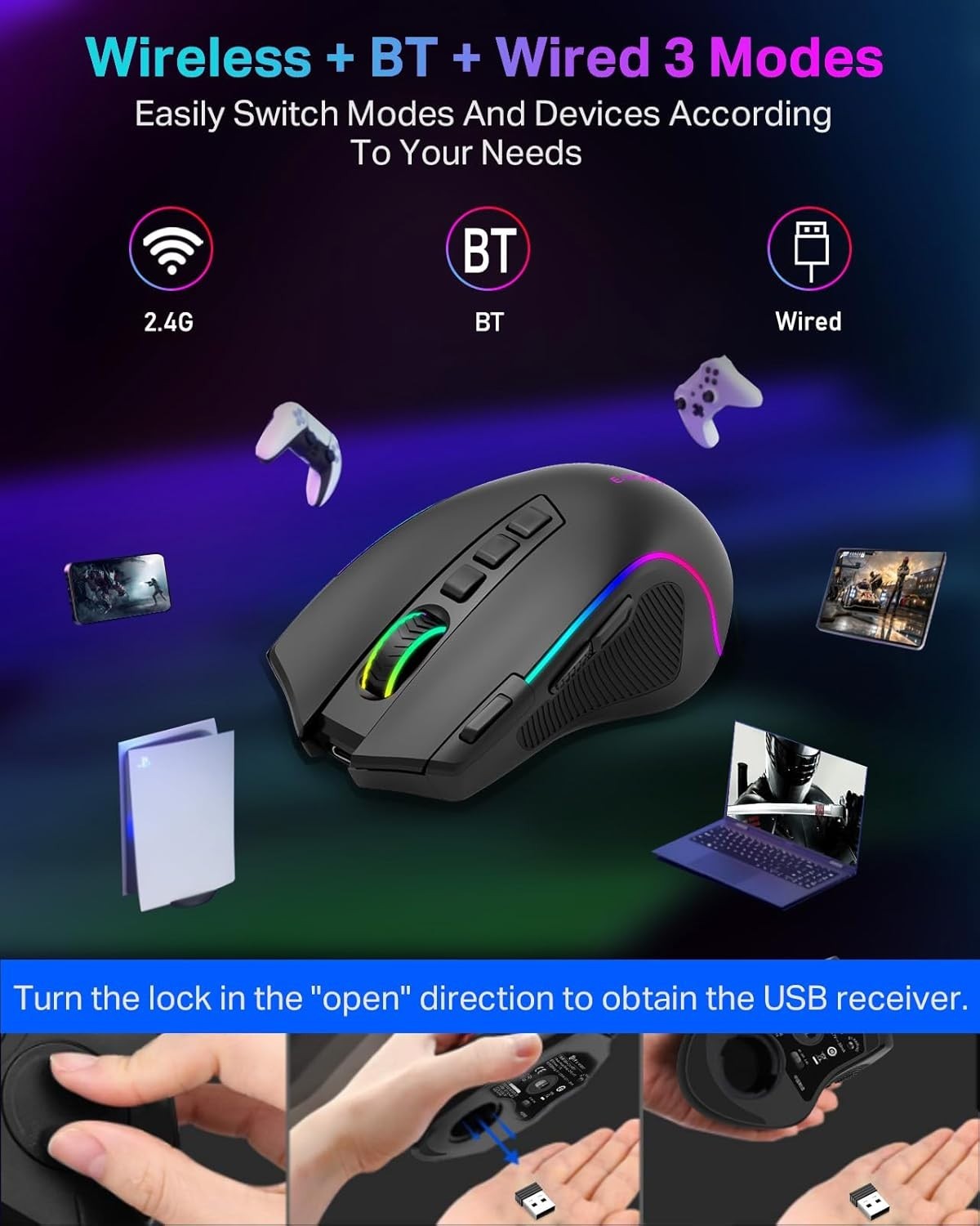 Wireless Gaming Mouse RGB 8000 DPI 9 Programmable Buttons Tri-Mode