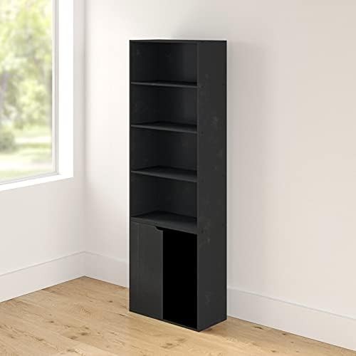 Black 6 Tier Bookcase with Cupboard Modern Storage Shelf 29D x 59W x 180H