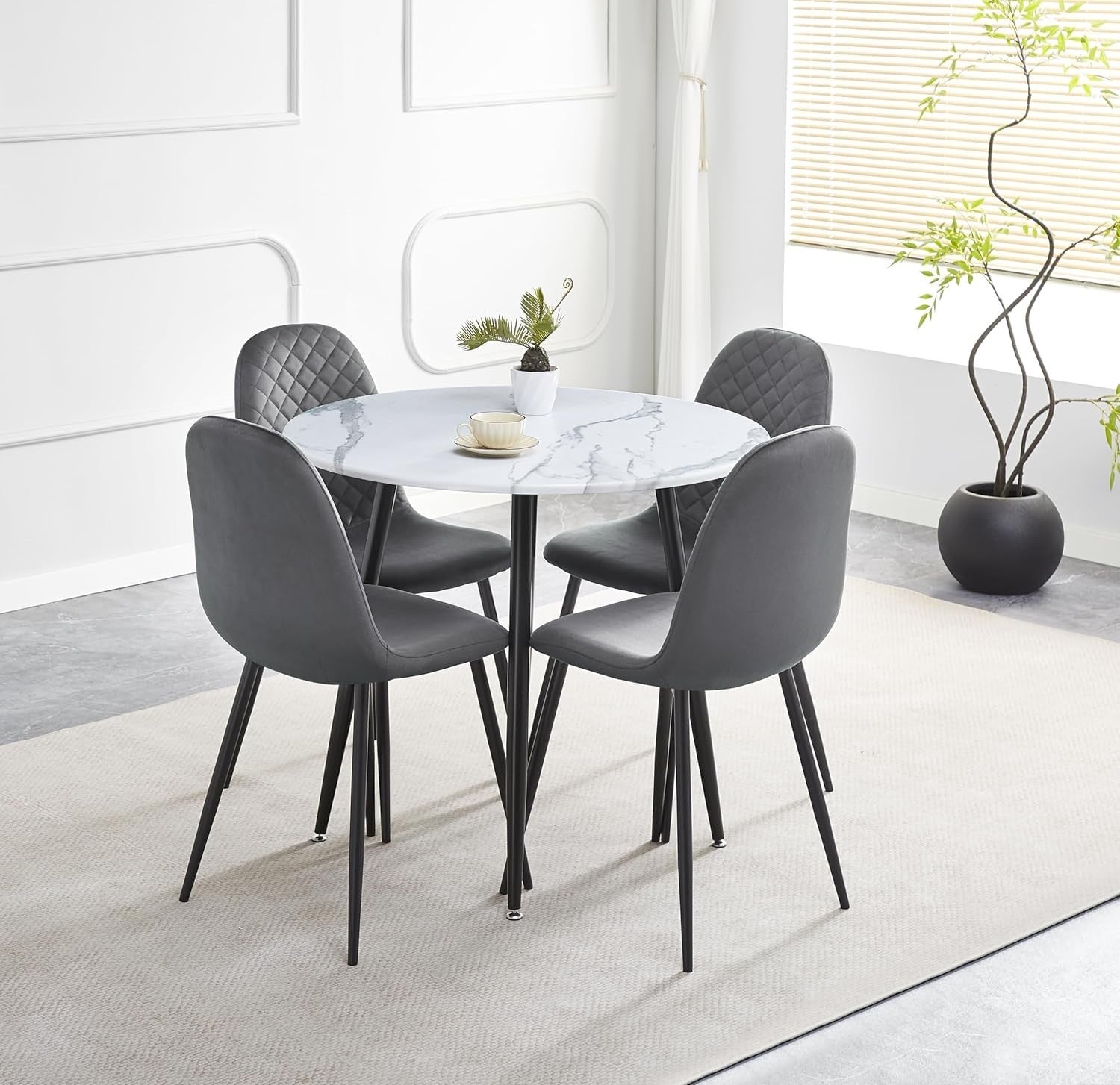 Round Marble Dining Table Set 4 Grey Velvet Chairs Modern 90cm Kitchen