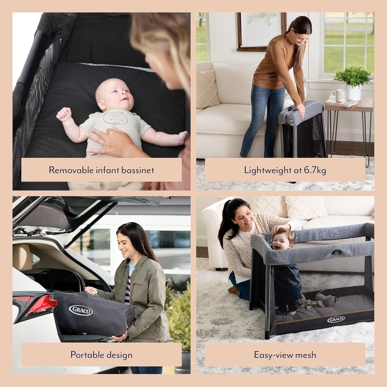Lightweight Travel Cot with Bassinet Compact Folding Baby Bed Playpen 105x65cm