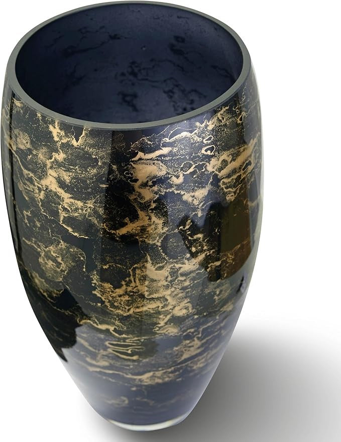 Black Glass Floor Vase 38cm Tall Hand Blown Marble Effect Luxury Decor