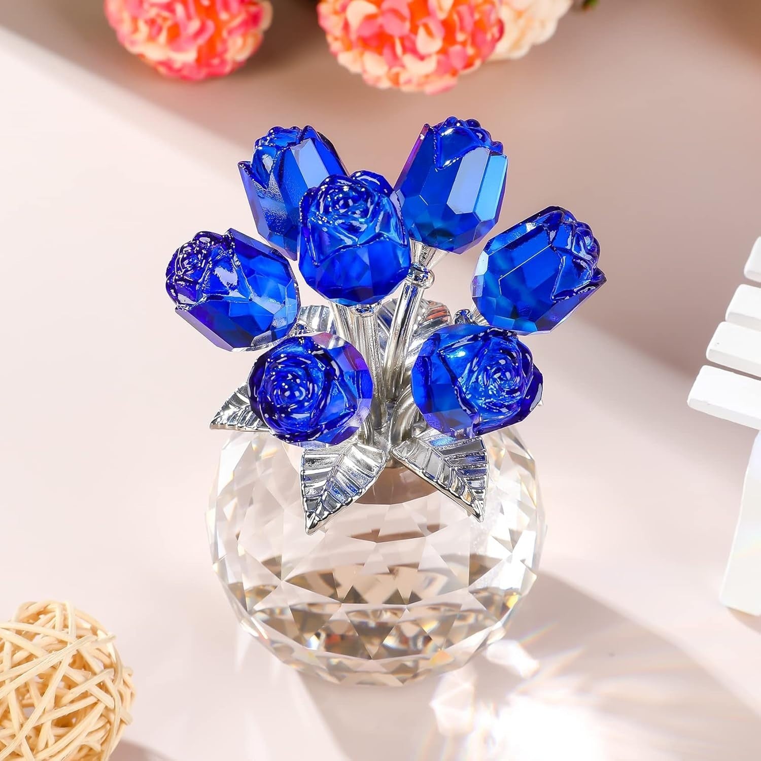Blue Crystal Rose Bouquet Ornament Gift for Women Mum Birthday Anniversary